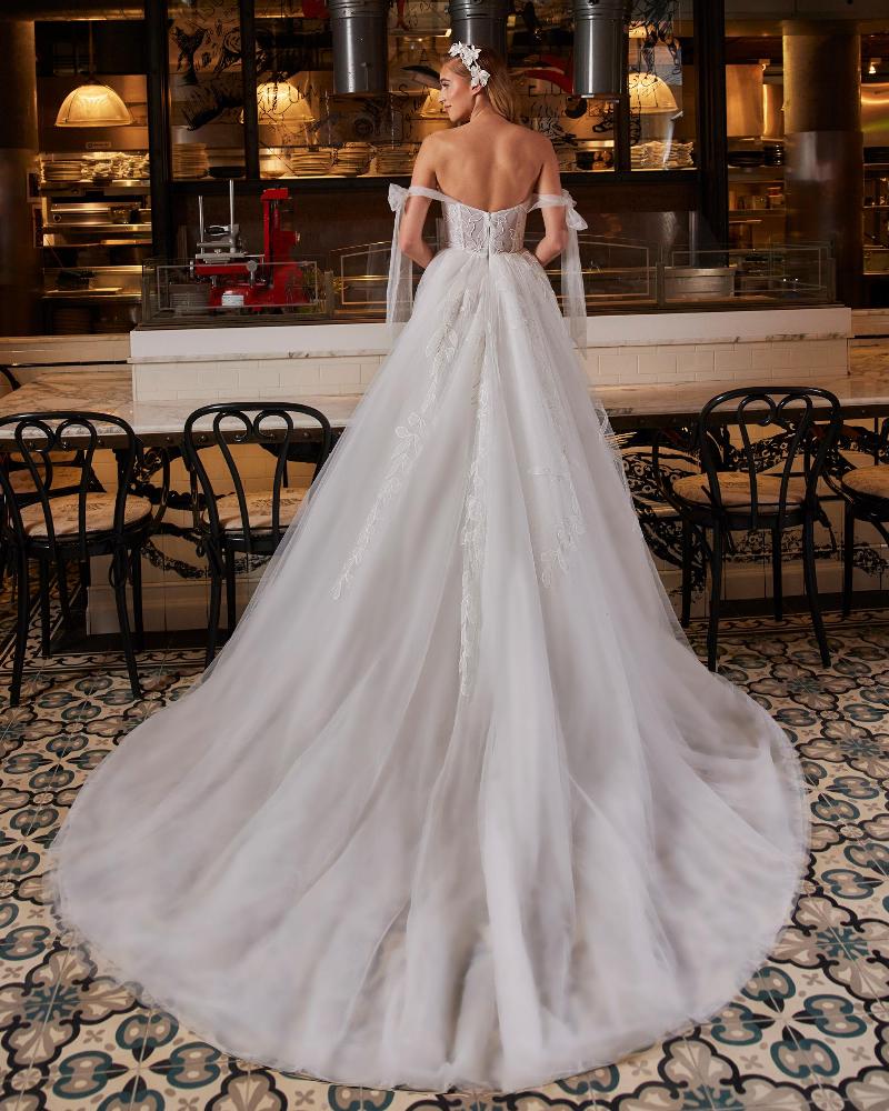 La22237 off the shoulder ball gown wedding dress with long train and lace2